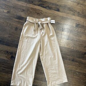 New Beige High Waisted Crop Wide Leg Pants with Tie Waist Medium